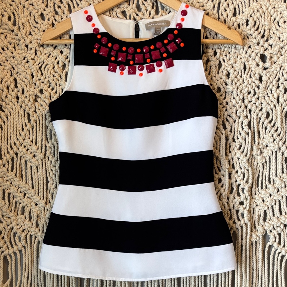 Banana Republic Black and White Striped Top with Red Details